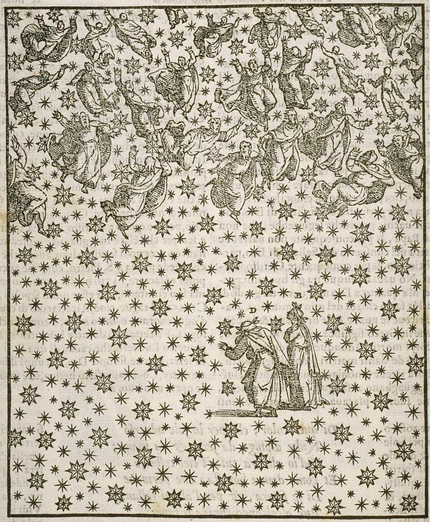 A woodcut. Two figures stand in the lower third, with the space around them filled with evenly distributed stars, almost like a patterned piece of fabric. Many more figures fly through the stars in the upper third of the print